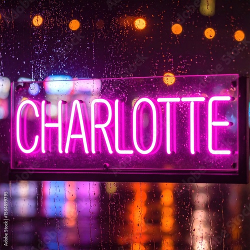 Bright pink neon sign 'charlotte' on rainy night with blurred city lights