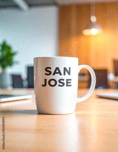 San jose mug on office table with laptop and blurred background