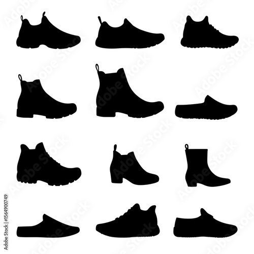 Silhouette of footwear collection with sandals, sneakers, and slides on white, fashion variety concept