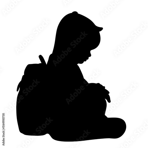 Silhouette of child with backpack napping, young traveler concept