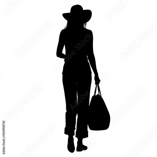 Silhouette of traveler with bag, stylish resort transit copyspace