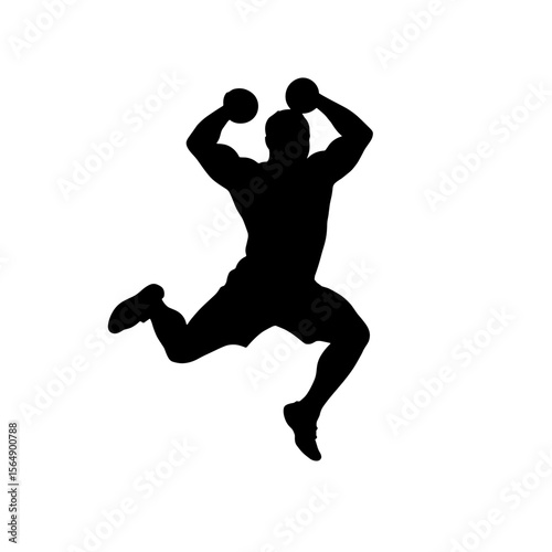 Silhouette of person with dumbbells mid-burpee jump, fitness and strength training