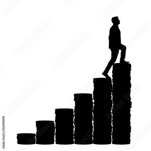 Silhouette of person climbing coin ladder, wealth and financial growth concept