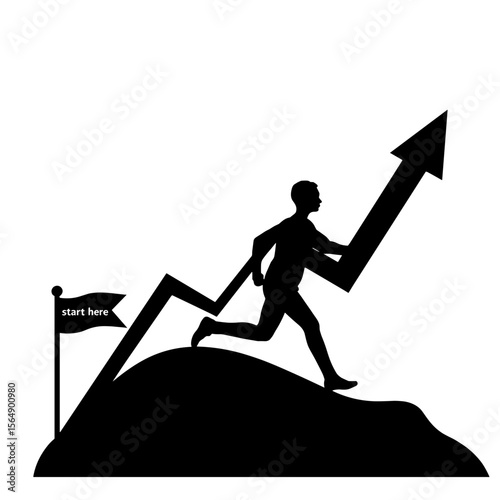 Silhouette of person running up investment graph, business growth motivation
