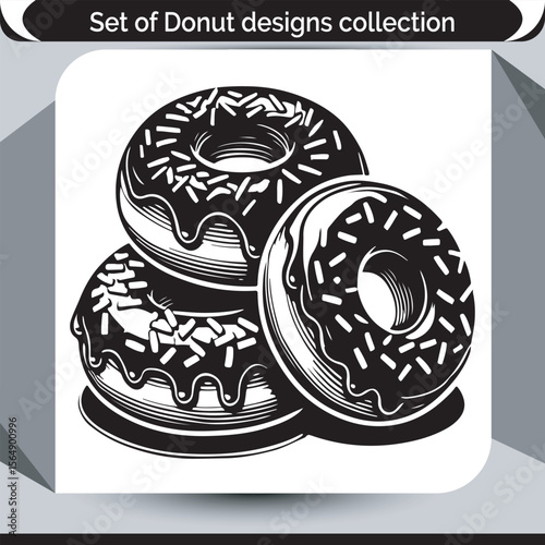 Monochrome Donut Designs A Sweet Collection Featuring Glazed and Sprinkled Doughnuts in Black and White