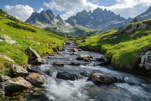 Majestic alpine mountain landscape with clear river stream flowing over rocks and green meadows under blue sky