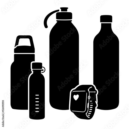 Silhouette of smartwatch and water bottles, fitness monitoring and hydration