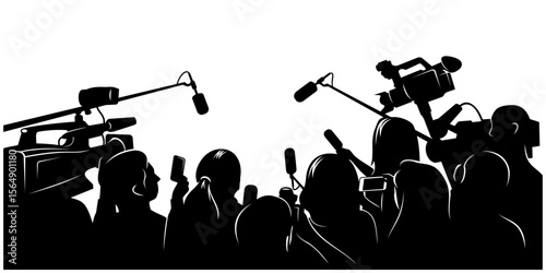 Crowd of Journalists Silhouette. Reporters are interviewing. Vector clipart isolated on white.