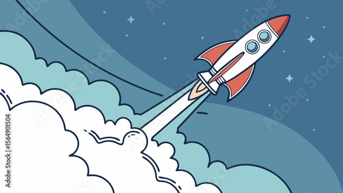 A flat design vector illustration of a rocket launching with smoke clouds and gradient sky background
