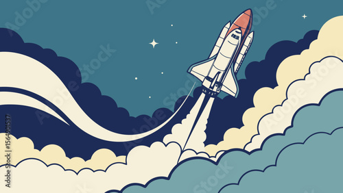 A flat design vector illustration of a rocket launching with smoke clouds and gradient sky background