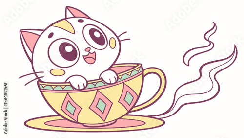 A cartoon vector illustration of a cute cat sitting in a teacup in playful mood
