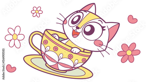 A cartoon vector illustration of a cute cat sitting in a teacup in bright colors