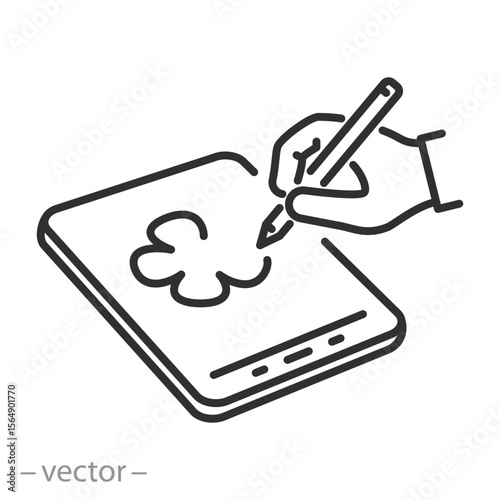 graphic tablet icon, drawing hand with pen, creation artwork concept, designer painting tools, thin line symbol on white background - editable stroke vector illustration eps10