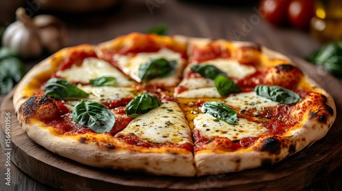 Wallpaper Mural Delicious neapolitan pizza with melted mozzarella and basil leaves on a wooden board Torontodigital.ca