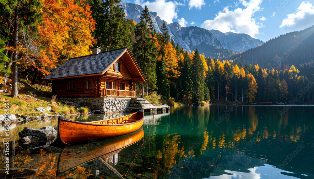 Fototapeta premium canadian cabin by the lake with canoe and mountains photo