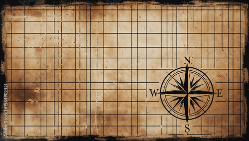 Old navigational chart with compass rose and grid, showing direction and position