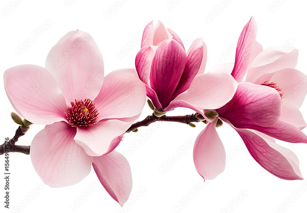 Obraz premium Beautiful magnolia flowers isolated on a white background, PNG clipart cutout with no shadow, in a pink color.