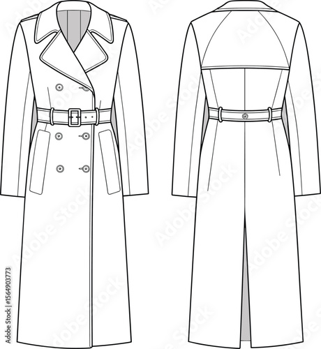 Classic trench coat fashion flat sketch, technical cad illustration with front and back view, detailed outline vector design drawing