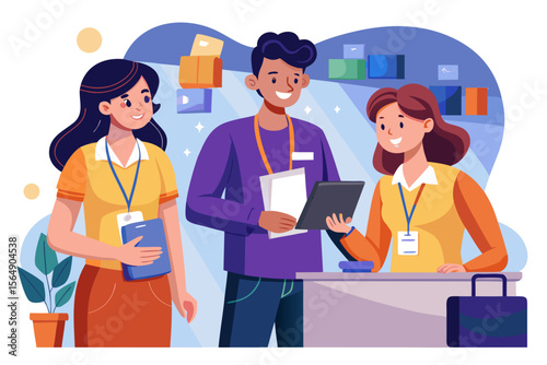 Event Registration with Coordinator Assisting Guests Vector Illustration