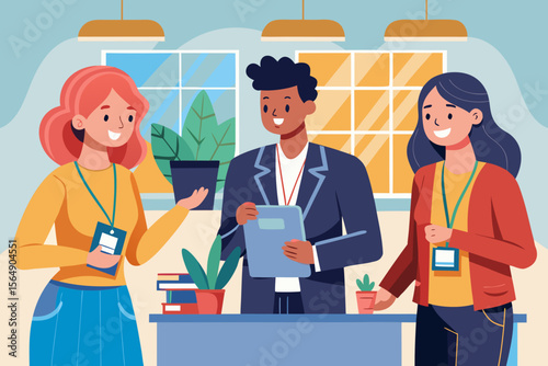 Event Registration with Coordinator Assisting Guests Vector Illustration