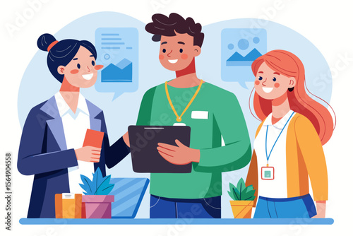 Event Registration with Coordinator Assisting Guests Vector Illustration