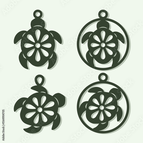 Set of round turtle pendants. Cute sea animals with a floral, plant pattern of shell. Template for plotter laser cutting of paper, fretwork, wood carving, metal engraving, cnc. Vector illustration.