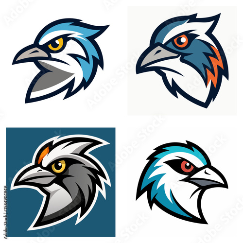 Four stylized bird head logos with varying color schemes and aggressive, determined expressions shown