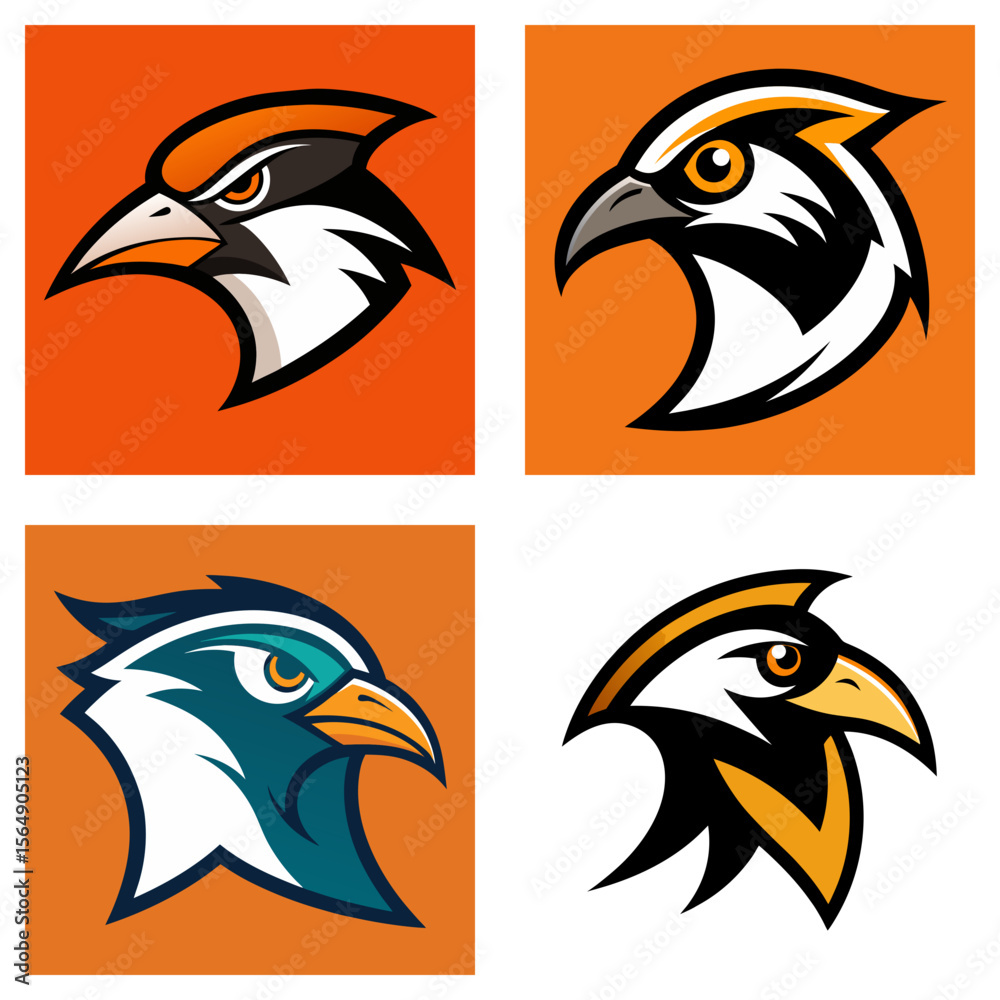 Obraz premium Four square images showing different bird head logos with various color schemes and designs shown here