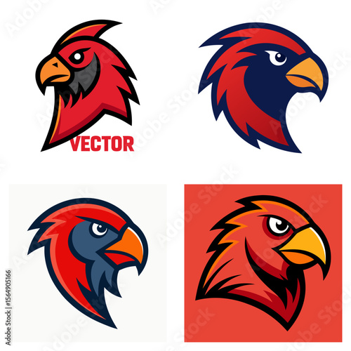 Four cardinal bird head illustrations with red and blue feathers in a cartoon vector style design