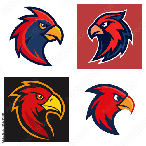 Four variations of a stylized cardinal head logo with different color schemes and backgrounds shown
