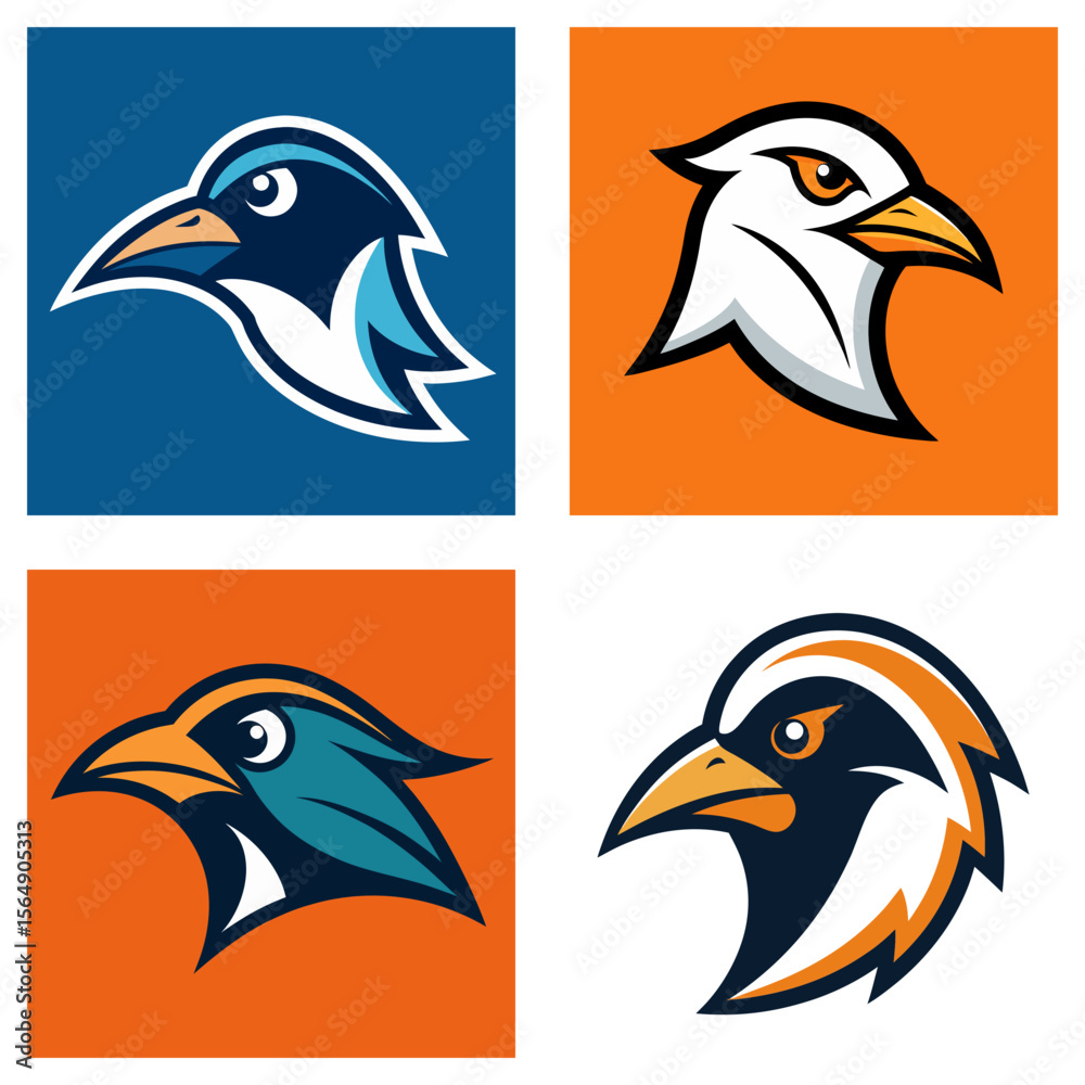 Obraz premium Four stylized bird head logos in square frames with different color schemes and design variations