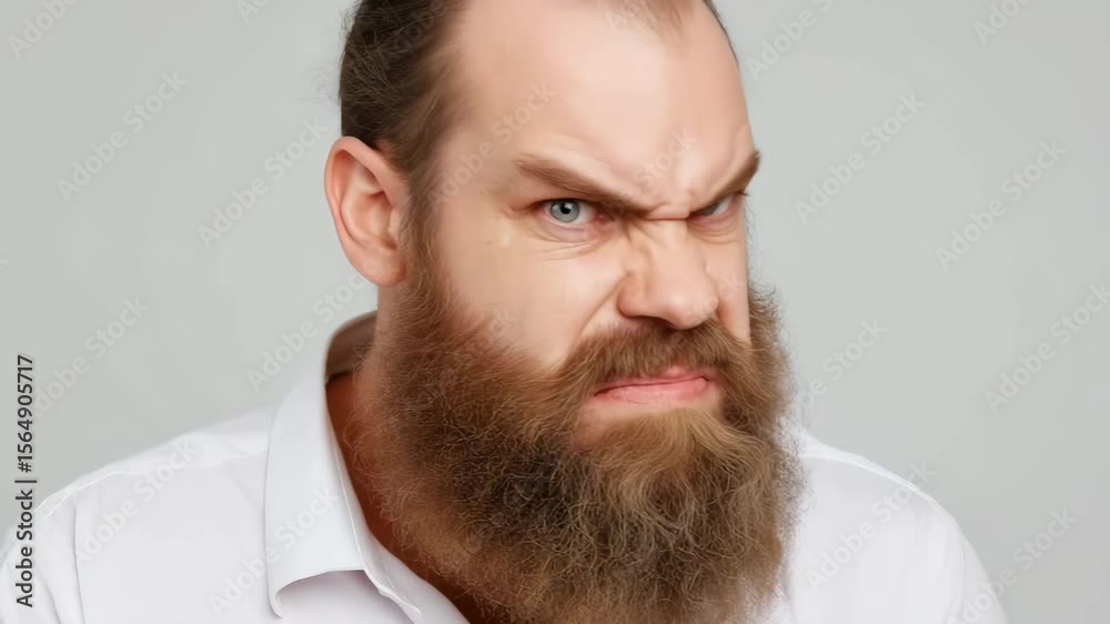Bearded man expressing frustration with intense eye movement and facial expressions