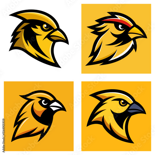 Four stylized yellow bird head illustrations with black and white accents on a yellow background