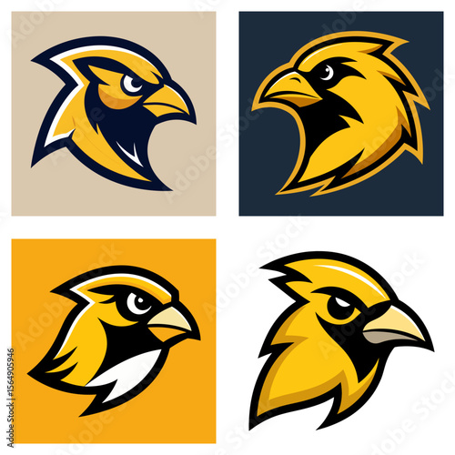 Four images of a stylized yellow and black bird head with a sharp beak and intense gaze design logo art