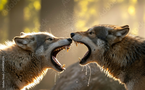 Two wolves aggressively snarling and baring teeth in a confrontation