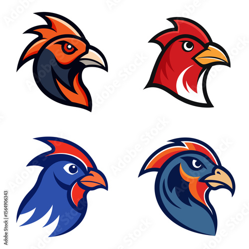 Collection of four stylized rooster head designs in various colors and graphic presentation style