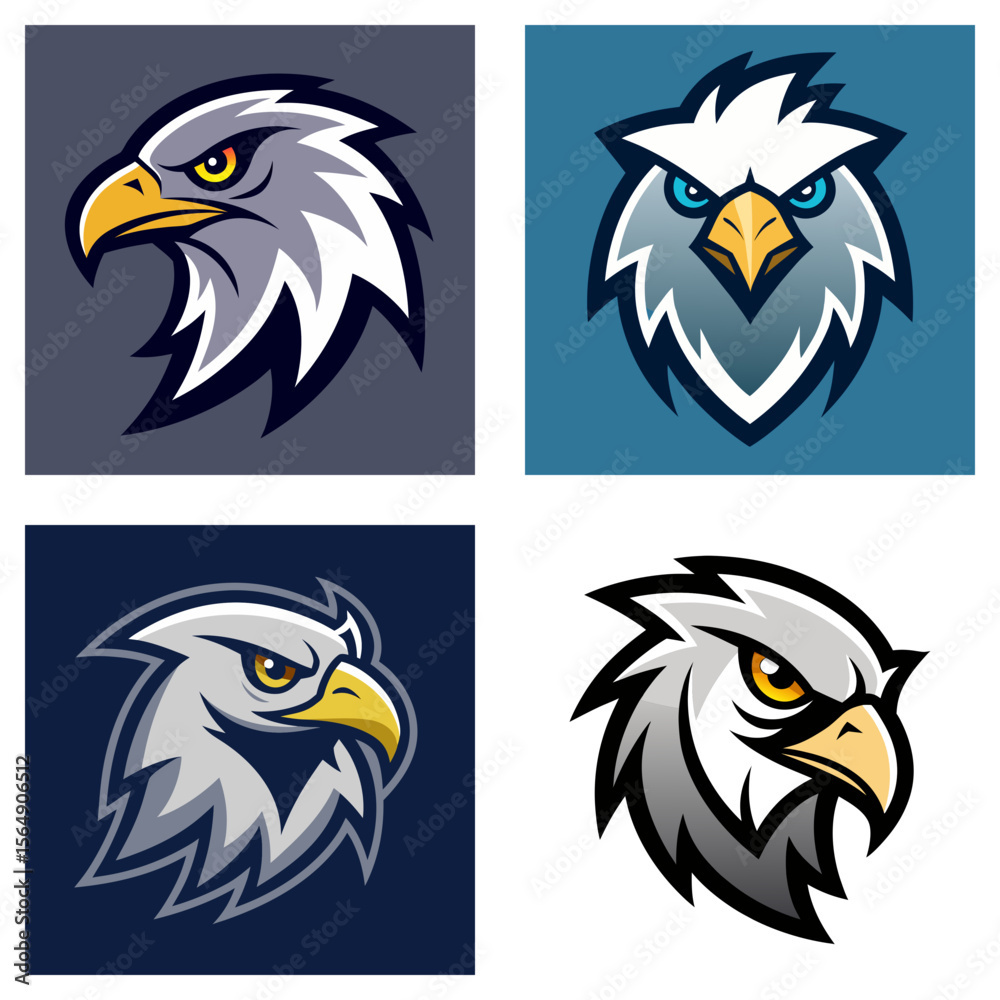 Fototapeta premium Four eagle head illustrations with different color schemes and background variations shown here clearly