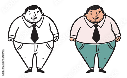 Plus-size businessman smiling in a formal outfit, colored and black and white illustration