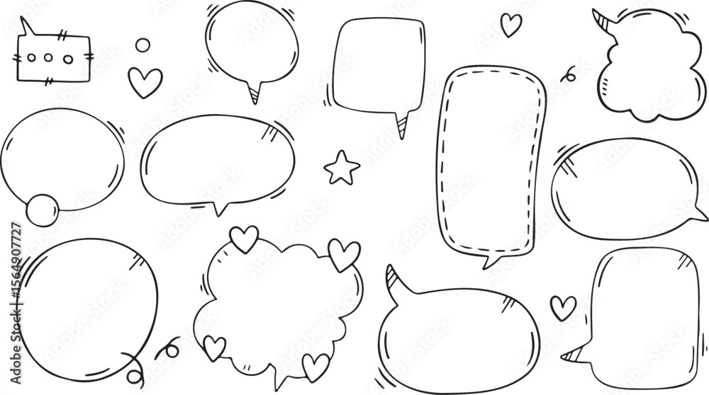 Fototapeta premium Speech Bubble Collection, Hand-Drawn Comic Balloons, Text Frame Clipart, Cartoon Dialogue Clouds, Talking Icon Set, Sketchy Word Bubbles, Fun Communication Vector, Comic Text Designs, Doodle Sayings F
