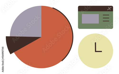 Pie chart in vivid colors, clock, and interface window combine to reflect data analysis, time management, and performance insights. Ideal for analytics, productivity, reports, strategy planning