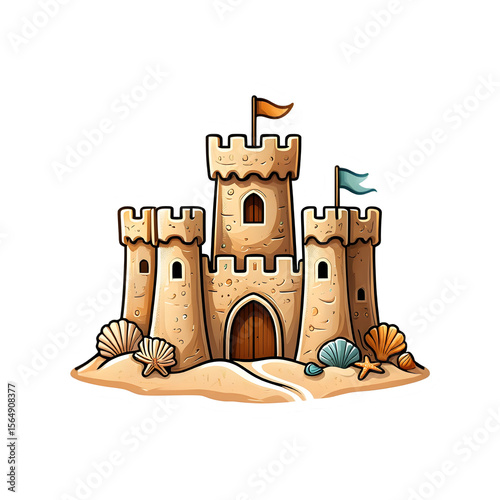 Cartoon sandcastle with flags and seashells on a beach