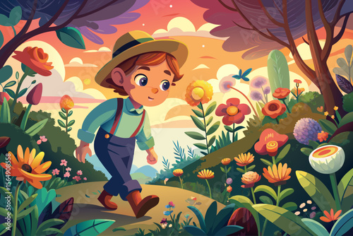 vector of A child in vintage clothes exploring a flower garden at sunset