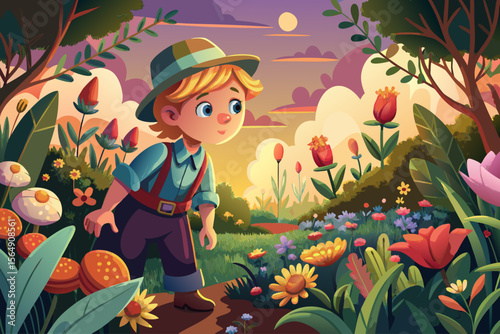 vector of A child in vintage clothes exploring a flower garden at sunset