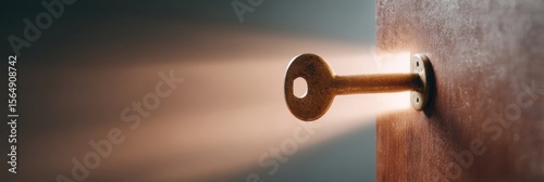 Motivational Vintage Antique Key in Rustic Wooden Door with Light Beams Unlocking Dreams and New Beginnings for Personal Growth and Opportunity