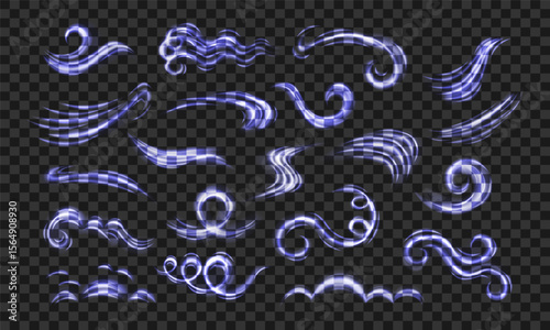 Large set of abstract light effects of air, wind and fresh breeze flows. Vector illustration suitable for advertising materials