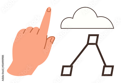 Hand pointing towards a cloud icon connected to a network diagram of boxes. Ideal for technology, cloud computing, data sharing, connectivity, online storage, innovation, development. Simple flat