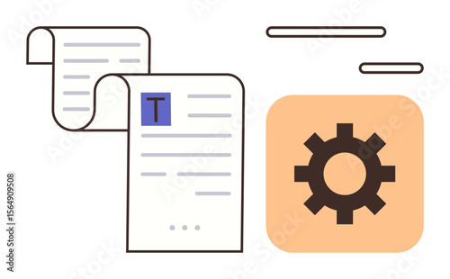 Text document with paragraphs beside a highlighted gear icon, representing workflow, automation, and software integration. Ideal for technology, management, digital tools, innovation, productivity