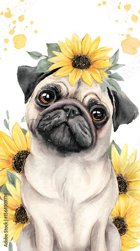 Pug with sunflower crown and decorations
