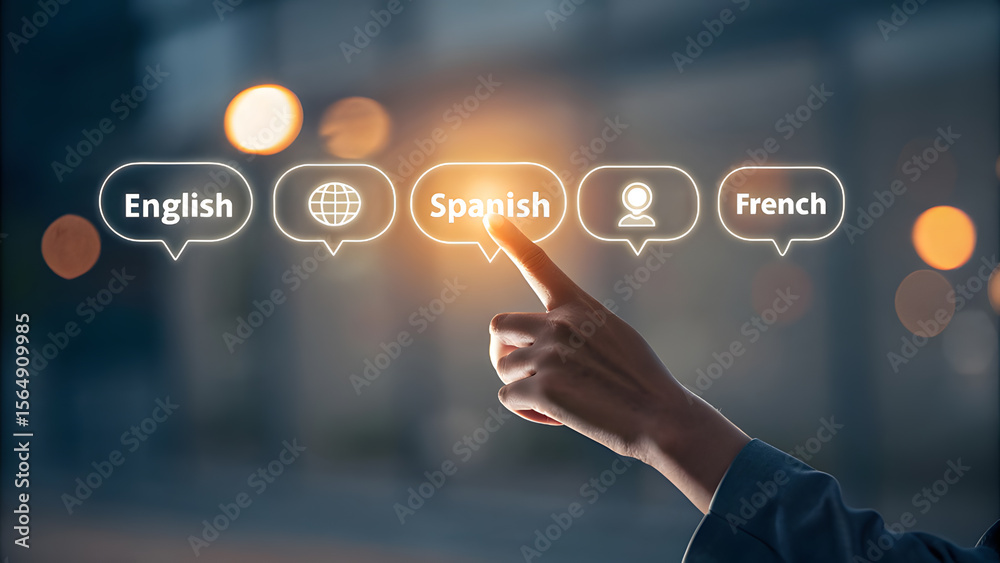 Fototapeta premium Hand Selecting Spanish Language Option Holographic Interface