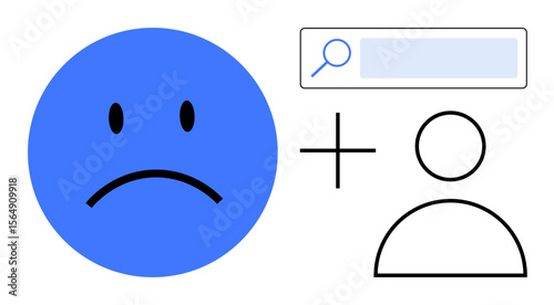 Sad blue face paired with person icon and search bar. Ideal for emotions, mental health, digital help, personalization, self-help, social connection, simple landing page